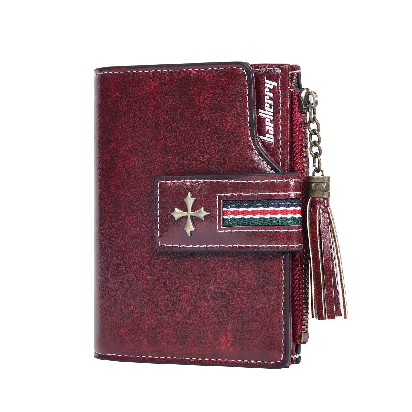 Portefeuille Femme Cuir Ciré Glands - Porte-Monnaie Tri-Fold Multi-Fentes Fermeture Éclair