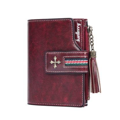 Portefeuille Femme Cuir Ciré Glands - Porte-Monnaie Tri-Fold Multi-Fentes Fermeture Éclair