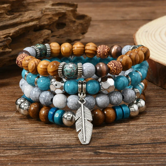 Bracelet Homme Multi-Rangs Turquoise et Feuilles - Pierres Naturelles Vintage
