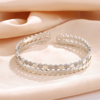 Bracelet Manchette Cuivre & Zirconia Femme – Ouvert Géométrique, Style Vintage Doré