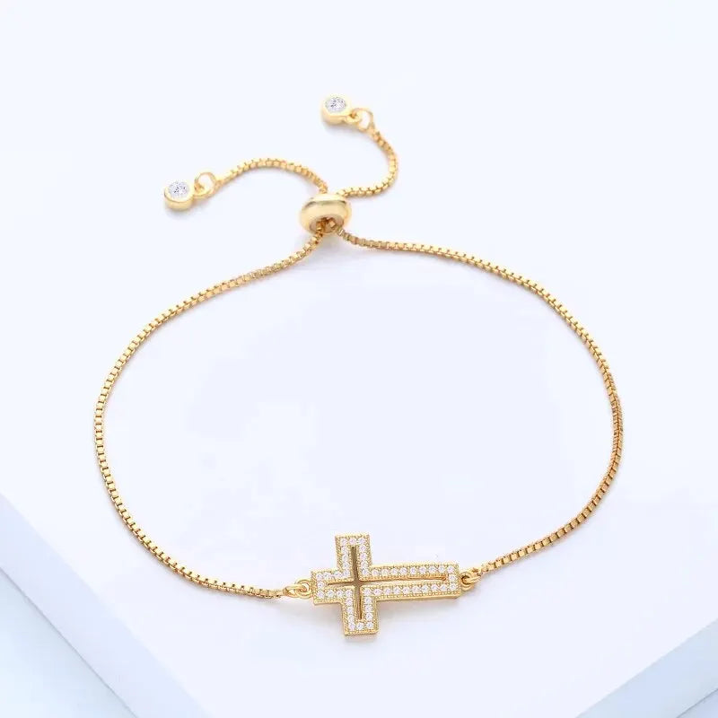 Bracelet Chaîne Cuivre Zircon Croix – Or & Argent Ajustable Unisexe Soirée