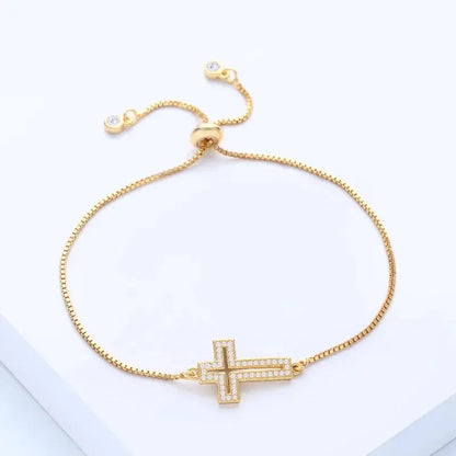 Bracelet Chaîne Cuivre Zircon Croix – Or & Argent Ajustable Unisexe Soirée