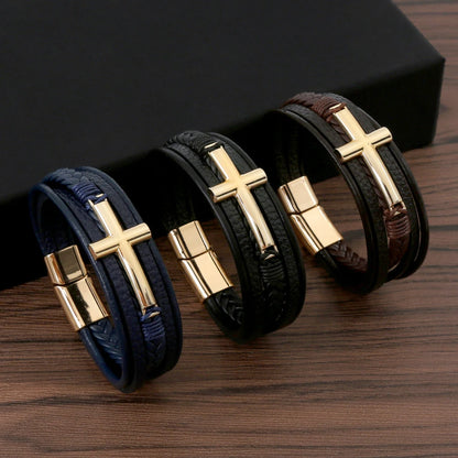Bracelet Cuir Tressé Multicouche Punk – Boucle Magnétique Croix Homme
