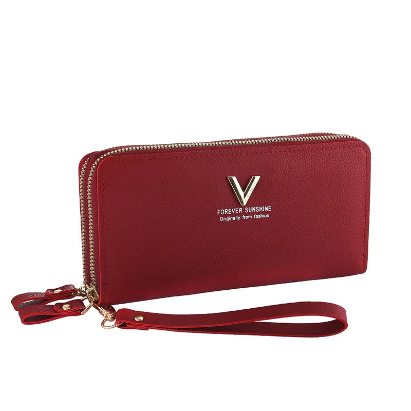 Portefeuille Femme Long Cuir PU Double Fermeture Éclair - Porte-Monnaie Téléphone Rouge