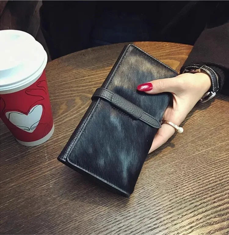 Portefeuille Femme Cuir Véritable Léopard Noir - Clutch Luxe Designer Long 2026
