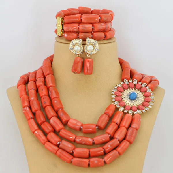 Parure Luxe Corail Nigérian 4 Couches – Ensemble Mariée Statement