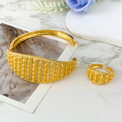Ensemble Bijoux Dubai Bohème Plaqué Or 18K Luxe – Collier Boucles Bracelet Bague Mariée Femme