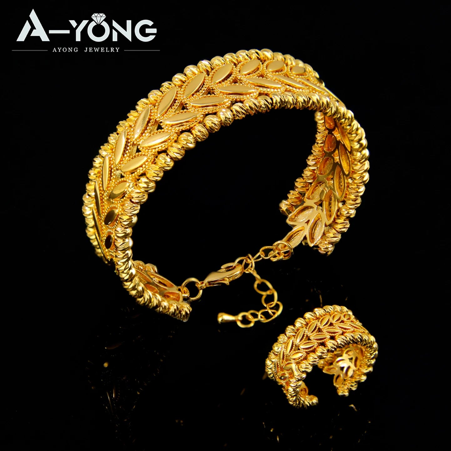 Ensemble Bracelet Bague Perles Dubai Mariage Plaqué Or 24K Luxe – Bangles Ajustables Mariée Arabe Femme