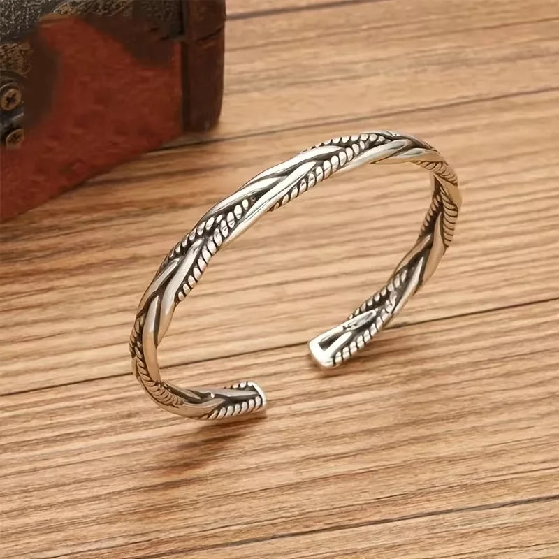 Bracelet Torsadé Argent Antique – Manchette Ouverte Ajustable Unisexe