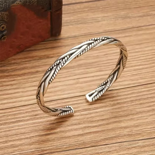 Bracelet Torsadé Argent Antique – Manchette Ouverte Ajustable Unisexe
