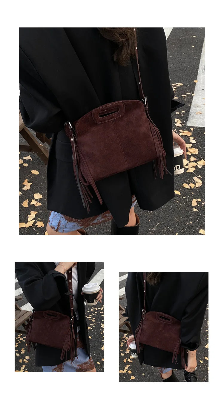 Sac à Main Femme Daim Vintage Style Français - Sac Bandoulière Épaule Glands Café