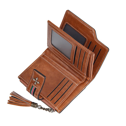 Portefeuille Femme Cuir Ciré Glands - Porte-Monnaie Tri-Fold Multi-Fentes Fermeture Éclair