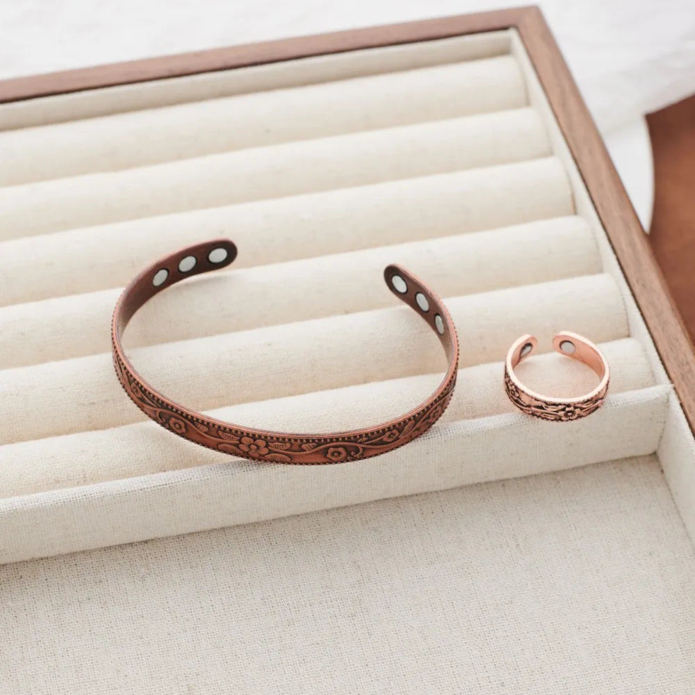 Bracelet & Bague Fleur Rétro Cuivre Ancien Magnétique – Set Ajustable Unisexe