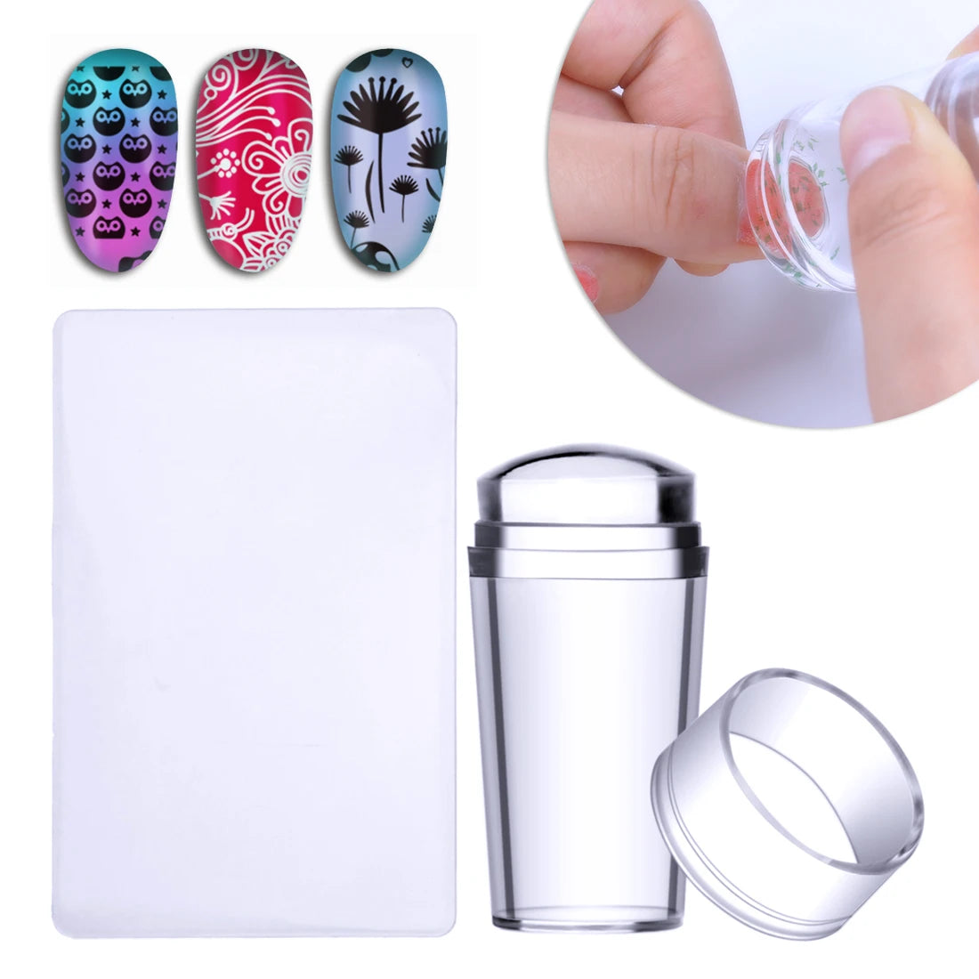 Kit Stamping Ongles Transparent avec Raclette - Tampon Silicone Gel pour Nail Art Manucure