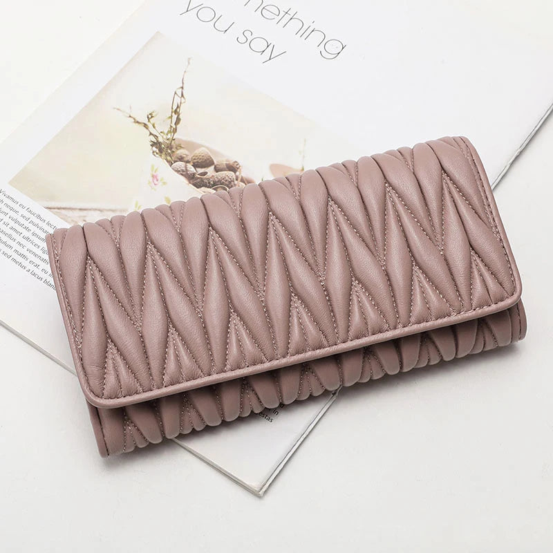 Portefeuille Femme Long Plissé Cuir Véritable - Pochette Zip Fermoir Multifonction