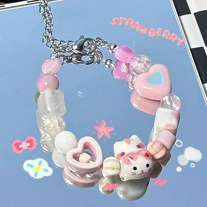 Bracelet Perles Chat Noir Cartoon Cœur Étoiles Strass – Charm Mignon Tendance Femme