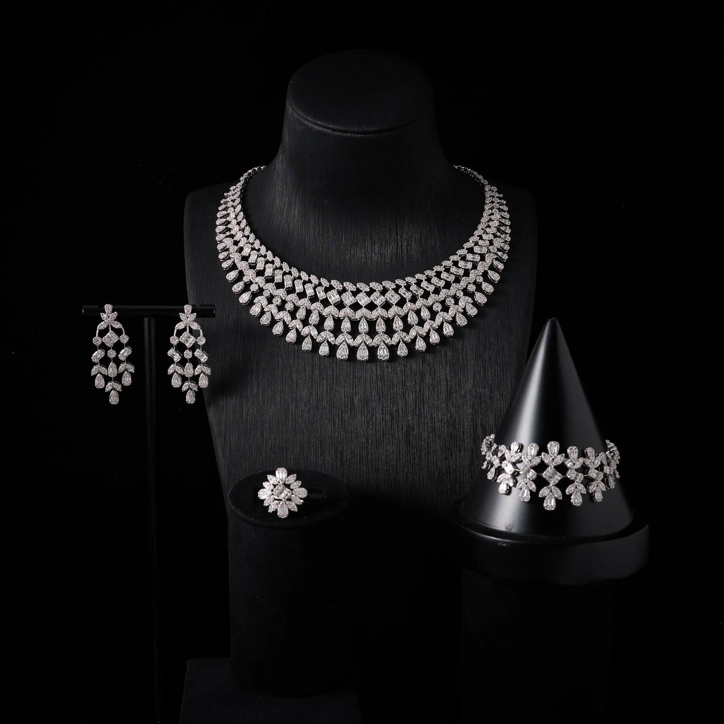 Parure Mariée Complète Zircon Cubique – Collier Boucles Bracelet Bague