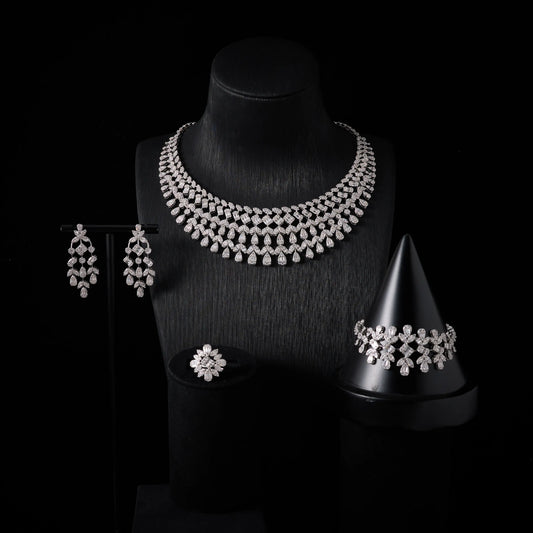 Parure Mariée Complète Zircon Cubique – Collier Boucles Bracelet Bague