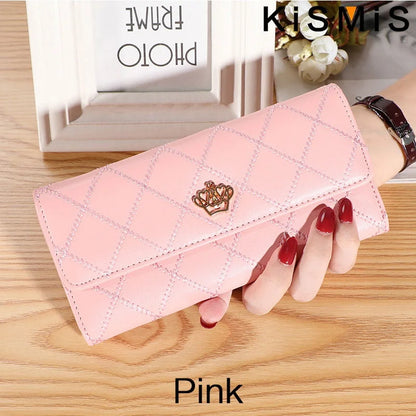 Portefeuille Femme Long Cuir PU Carreaux Rose - Porte-Carte Téléphone Hasp Poche Monnaie Élégant