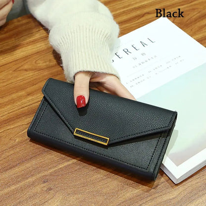Portefeuille Femme Long Cuir PU Fermoir - Porte-Monnaie Clutch Téléphone 5 Couleurs Noir