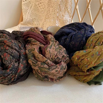 Foulard Écharpe Patchwork Coton Lin Vintage Femme - Châle Carré Floral Plissé Hiver