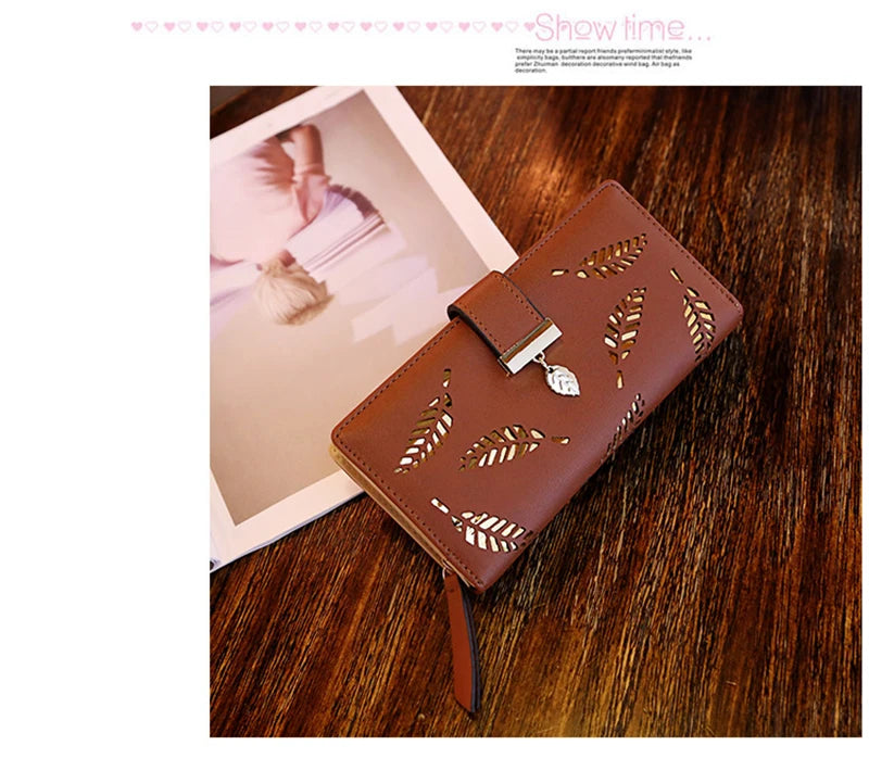 Portefeuille Long Femme Cuir PU Feuilles Dorées - Clutch Porte-Cartes Monnaie Élégant