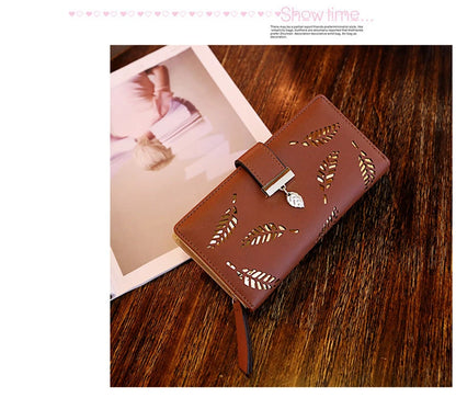 Portefeuille Long Femme Cuir PU Feuilles Dorées - Clutch Porte-Cartes Monnaie Élégant
