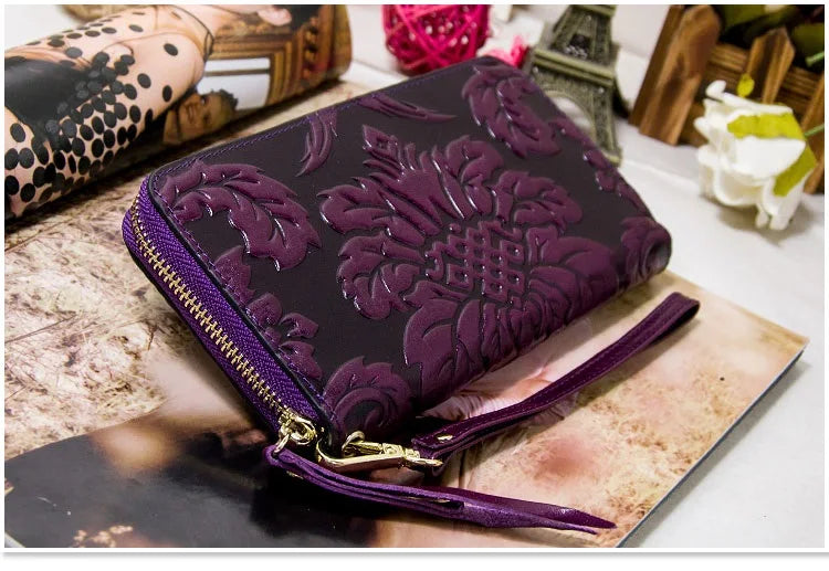 Portefeuille Femme Cuir Véritable Vintage Floral - Grande Capacité Clutch Pochette en Cuir de Vache