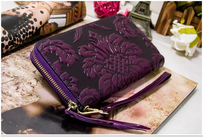 Portefeuille Femme Cuir Véritable Vintage Floral - Grande Capacité Clutch Pochette en Cuir de Vache