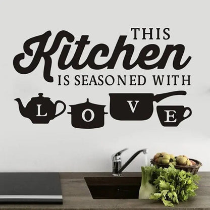 Sticker Mural Cuisine "This Kitchen is Seasoned with Love" - Autocollant Décoratif 60×28cm