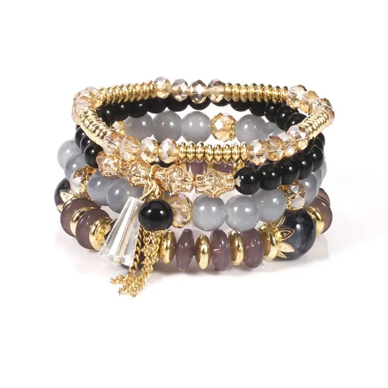 Set de 4 Bracelets Bohèmes Perles Verre Colorées - Pompons et Charms