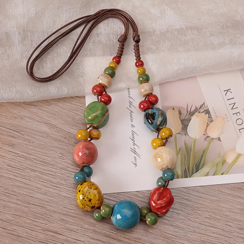Collier Perles Céramique Tressé Main Bohème – Ajustable Ethnique Rétro Femme