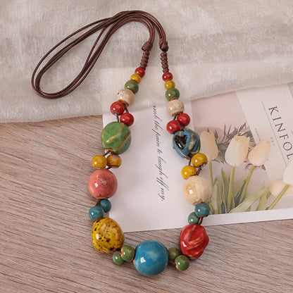 Collier Perles Céramique Tressé Main Bohème – Ajustable Ethnique Rétro Femme