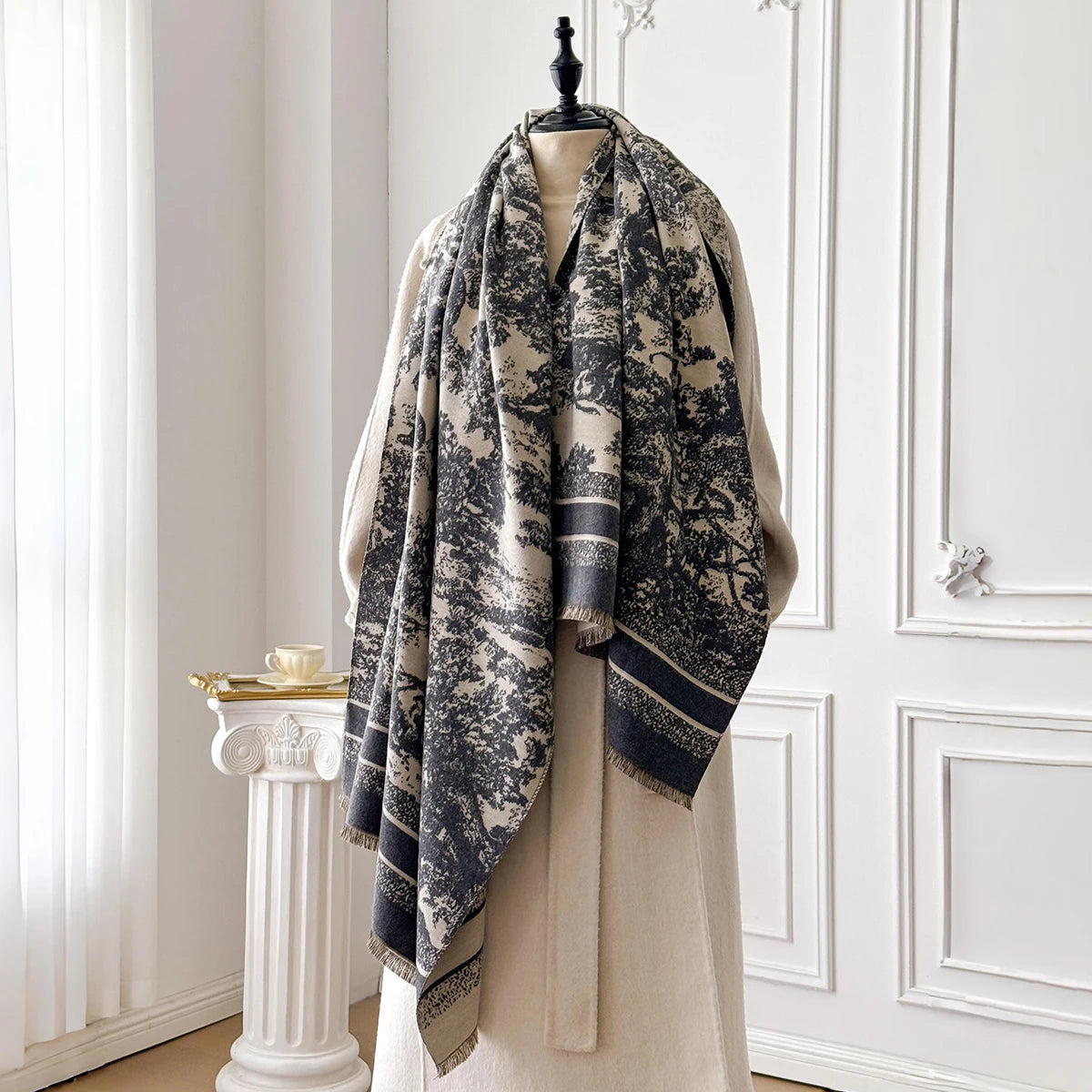 Foulard Écharpe Cachemire Luxe Femme Hiver - Châle Pashmina Rayé Imprimé Poncho Franges