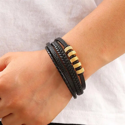 Bracelet Cuir Tressé Multicouche Punk – Boucle Magnétique Croix Homme