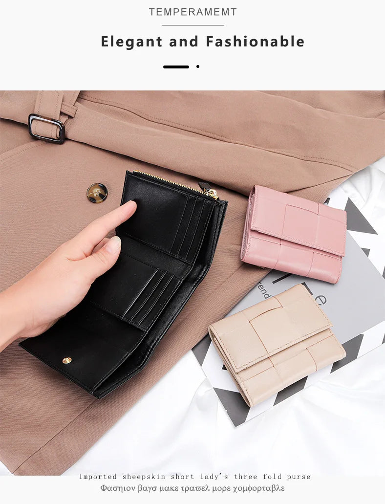 Portefeuille Femme Court Cuir Véritable Peau Mouton Tressé - Porte-Monnaie Trifold Zippé Grande Capacité Noir