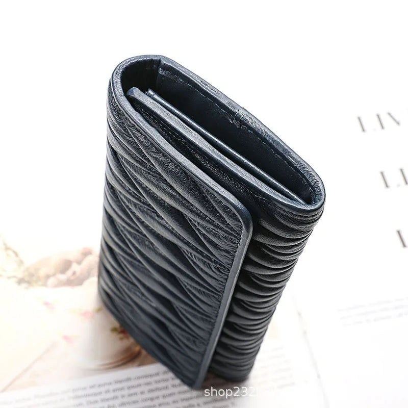 Portefeuille Femme Long Plissé Cuir Véritable - Pochette Zip Fermoir Multifonction