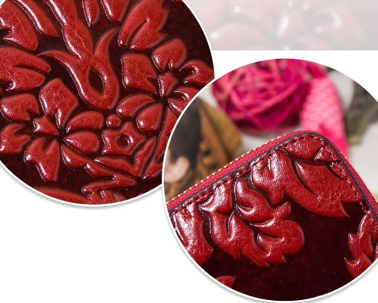 Portefeuille Femme Cuir Véritable Vintage Floral - Grande Capacité Clutch Pochette en Cuir de Vache