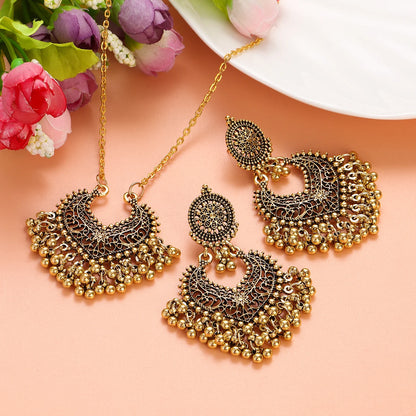 Ensemble Bijoux Indien Perles Pompons Doré – Collier Boucles Vintage