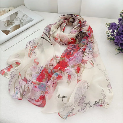 Foulard Écharpe Mousseline Georgette Femme Fleur Prune - Bandana Été Léger Respirant