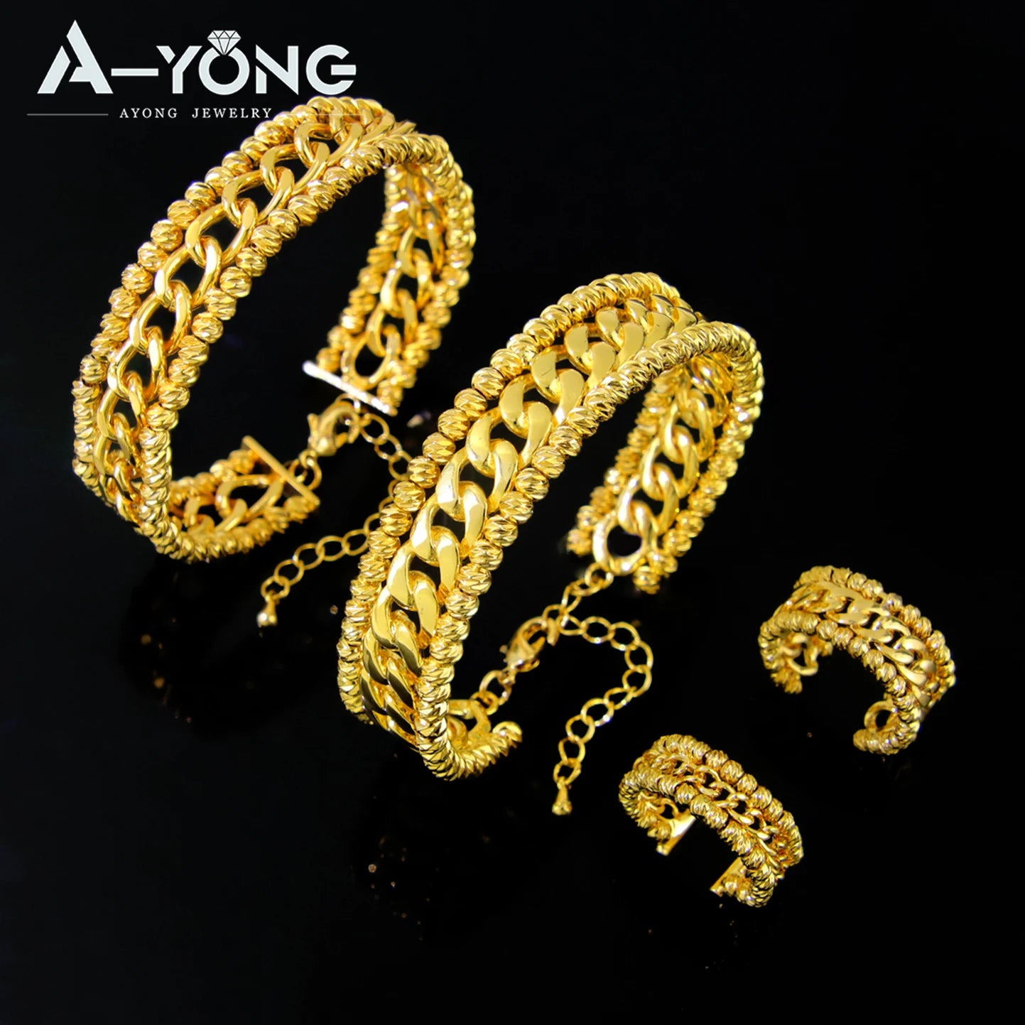 Ensemble Bracelet Bague Perles Dubai Mariage Plaqué Or 24K Luxe – Bangles Ajustables Mariée Arabe Femme