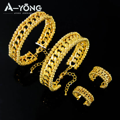 Ensemble Bracelet Bague Perles Dubai Mariage Plaqué Or 24K Luxe – Bangles Ajustables Mariée Arabe Femme