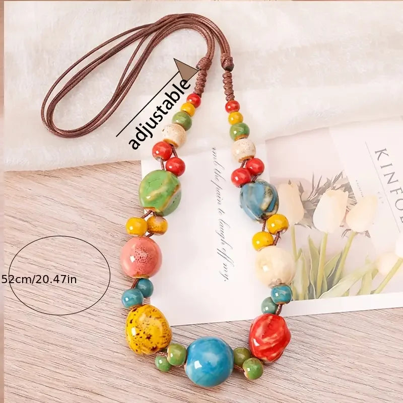 Collier Perles Céramique Tressé Main Bohème – Ajustable Ethnique Rétro Femme