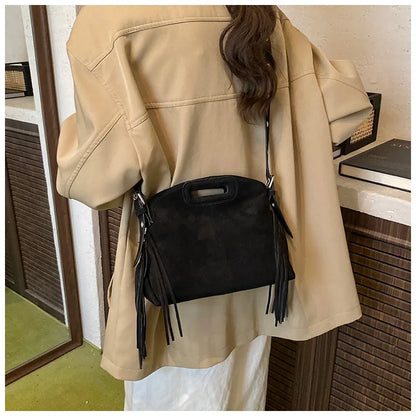 Sac à Main Femme Daim Vintage Style Français - Sac Bandoulière Épaule Glands Café