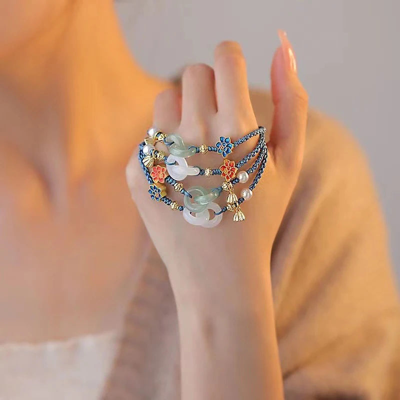Bracelet Tressé Ethnique Lotus Jade Perle – Ajustable Fleur Femme