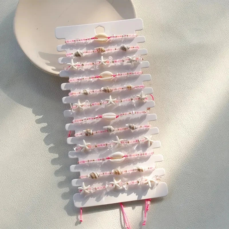 Ensemble 12 Bracelets Tressés Main Roses Coquillages – Ajustables Plage
