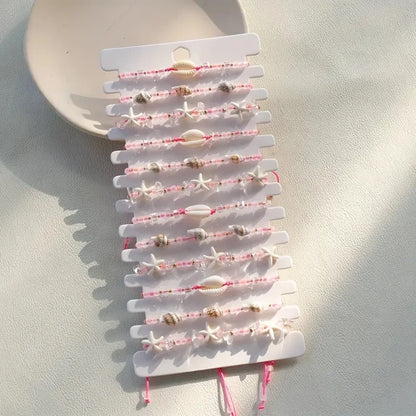 Ensemble 12 Bracelets Tressés Main Roses Coquillages – Ajustables Plage