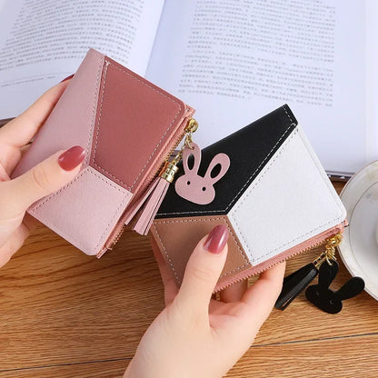Portefeuille Court Femme Cuir PU avec Pompon - Porte-Cartes Pliable Portable