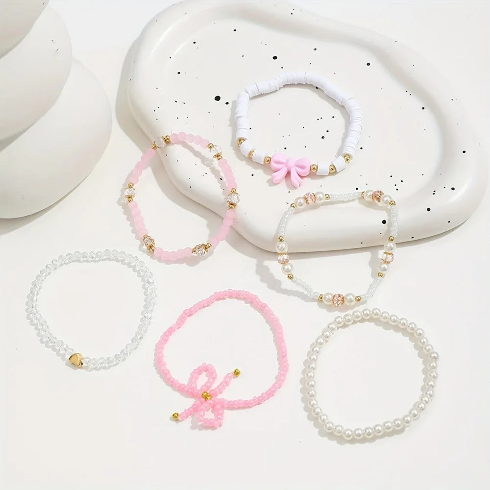 Ensemble 6 Bracelets Roses Nœuds Cœurs Y2K – Perles Acrylique Bohème