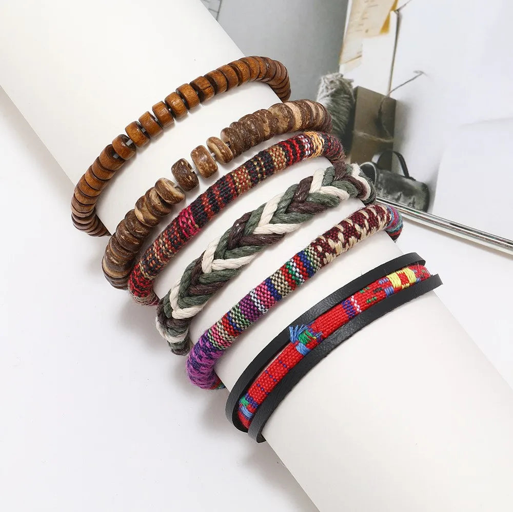Bracelet Bohème Cuir & Perles Bois Homme – Tressé Main, 26 Coloris